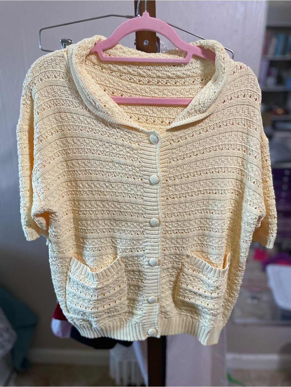 Short Crochet Button-Front Sweater Cardigan - top with matching shorts